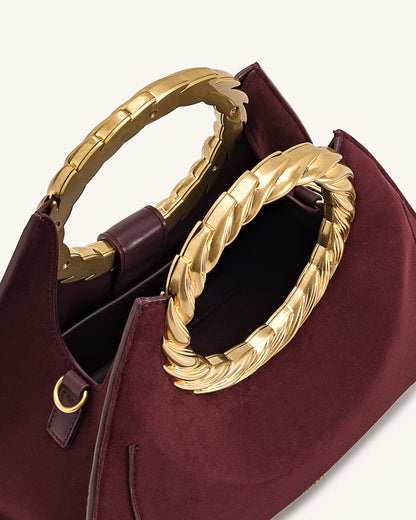 Amiya Leaf Handle Faux Suede Sculpture Bag - Mocha Brown