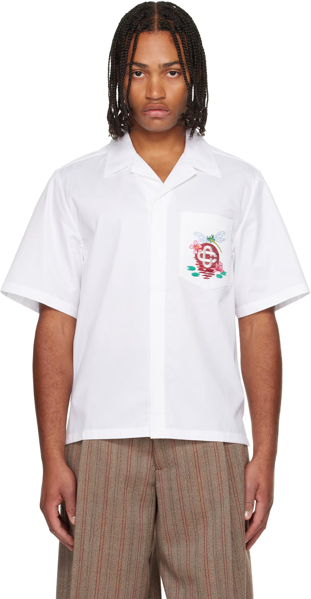 White Cotton Poplin Embroidered Short Sleeve Shirt