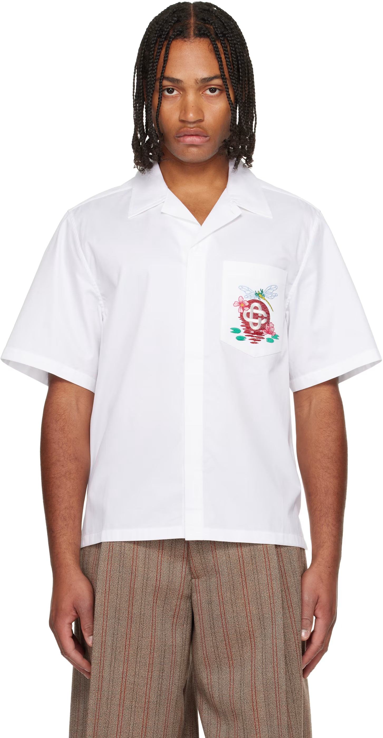 White Cotton Poplin Embroidered Short Sleeve Shirt