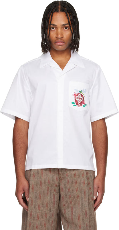 White Cotton Poplin Embroidered Short Sleeve Shirt