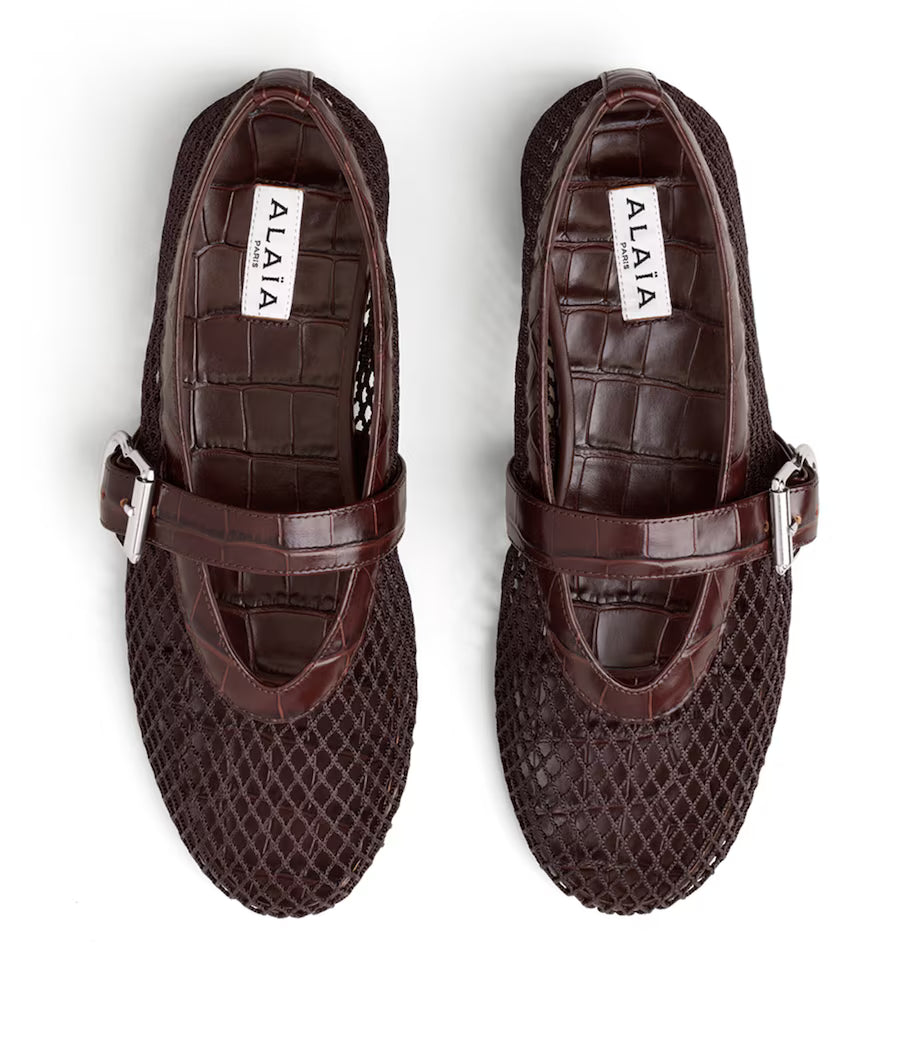 Alaïa Croc-Embossed Leather Mesh Ballet Flats