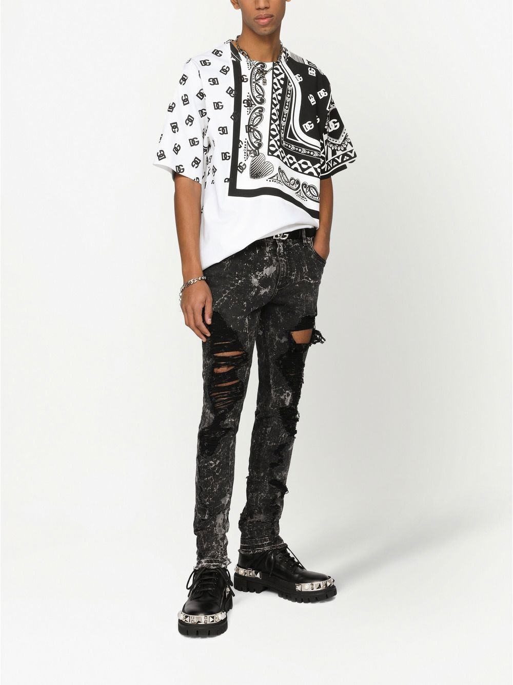 Dolce & Gabbana Black and White Printed Crew-Neck T-Shirt