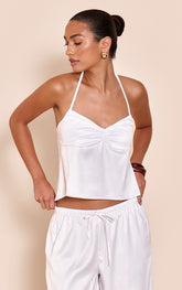Cream Satin Ruched Backless Tie Cami Top
