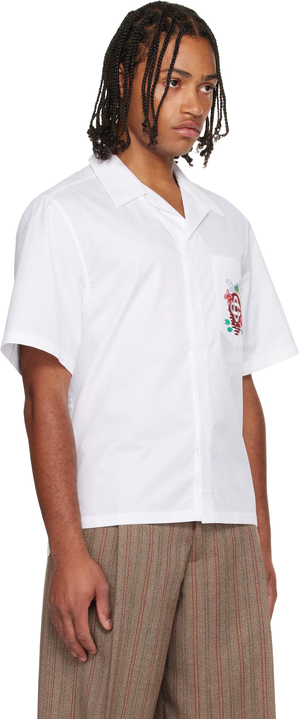 White Cotton Poplin Embroidered Short Sleeve Shirt