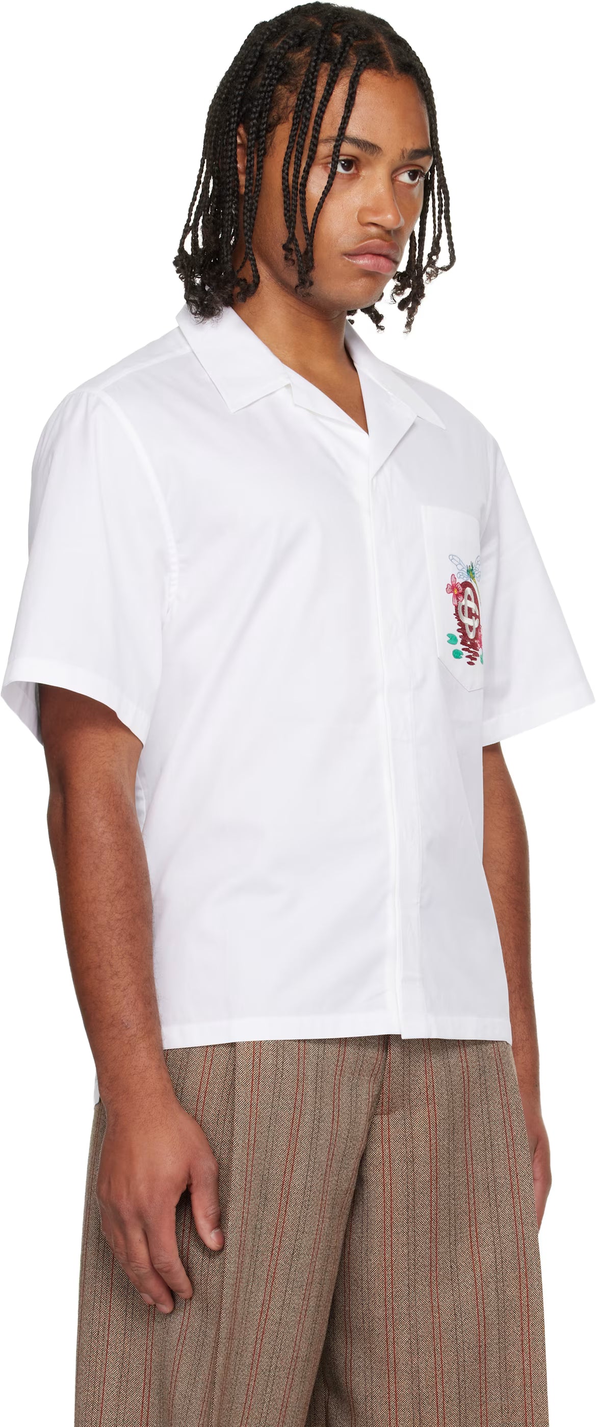White Cotton Poplin Embroidered Short Sleeve Shirt