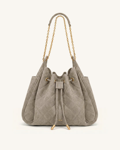 Rowan Faux Suede Quilted Chain Bucket Bag - Dark Brown