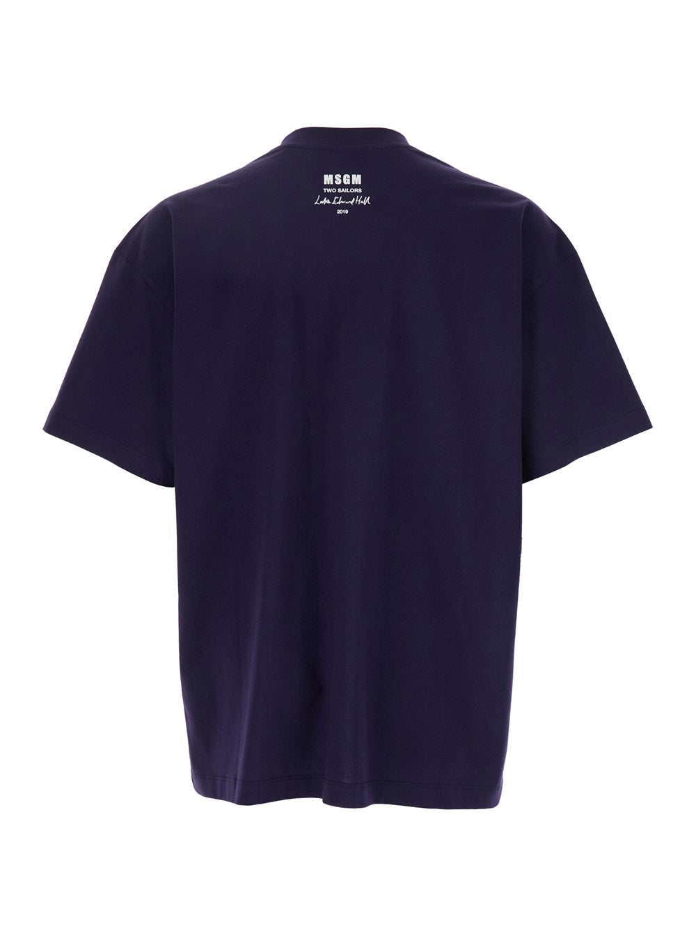 Msgm Blue Crewneck T-Shirt with Patch on the Front and Logo Lettering on the Back in Cotton Man