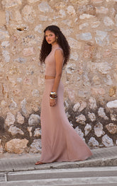 Taupe Mesh Mid Rise Fishtail Maxi Skirt