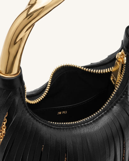 Chloe Metal Handle Fringe Top Handbag - Dark Brown