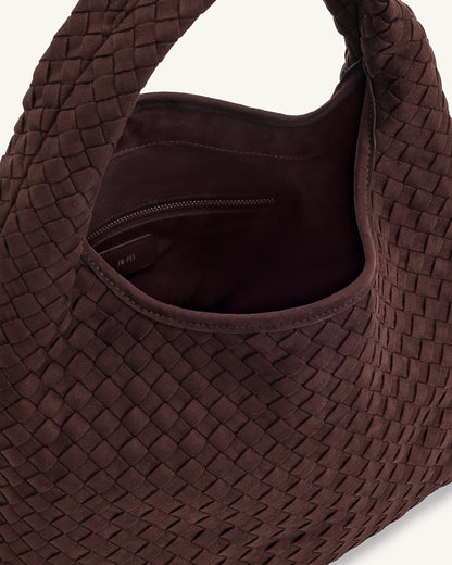 Laura Faux Suede Woven Shoulder Bag - Dark Brown