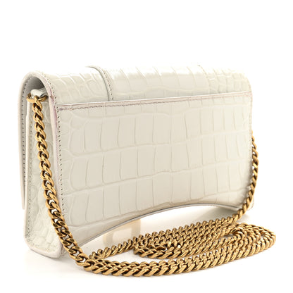 Balenciaga Shiny Calfskin Crocodile Embossed Hourglass Chain Bag White