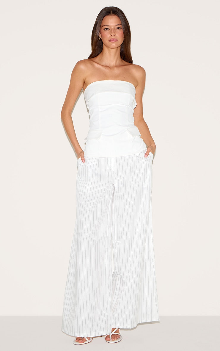 White Maxi Pinstripe Tailored Woven Straight Leg Trousers