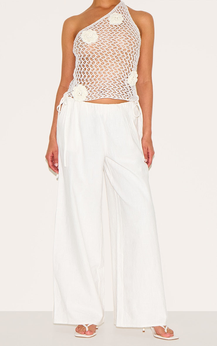Petite White Premium Linen Look Wide Leg Side Tie Detail Trousers