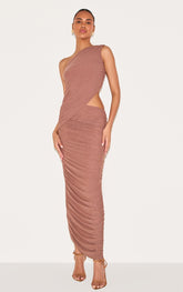 Mushroom One Shoulder Ruched Maxi Dress