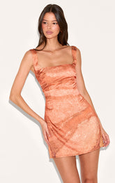 Rust Satin Abstract Print Mini Dress