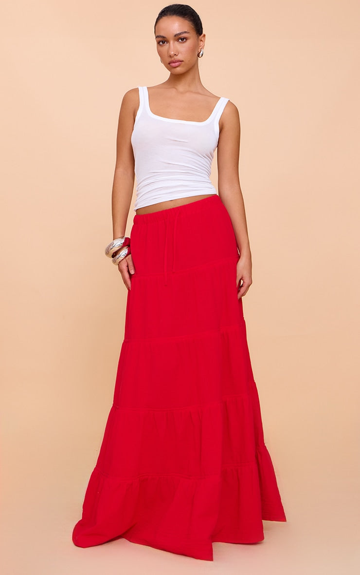 Tomato Red Cotton Tiered Drawstring Waist Maxi Skirt