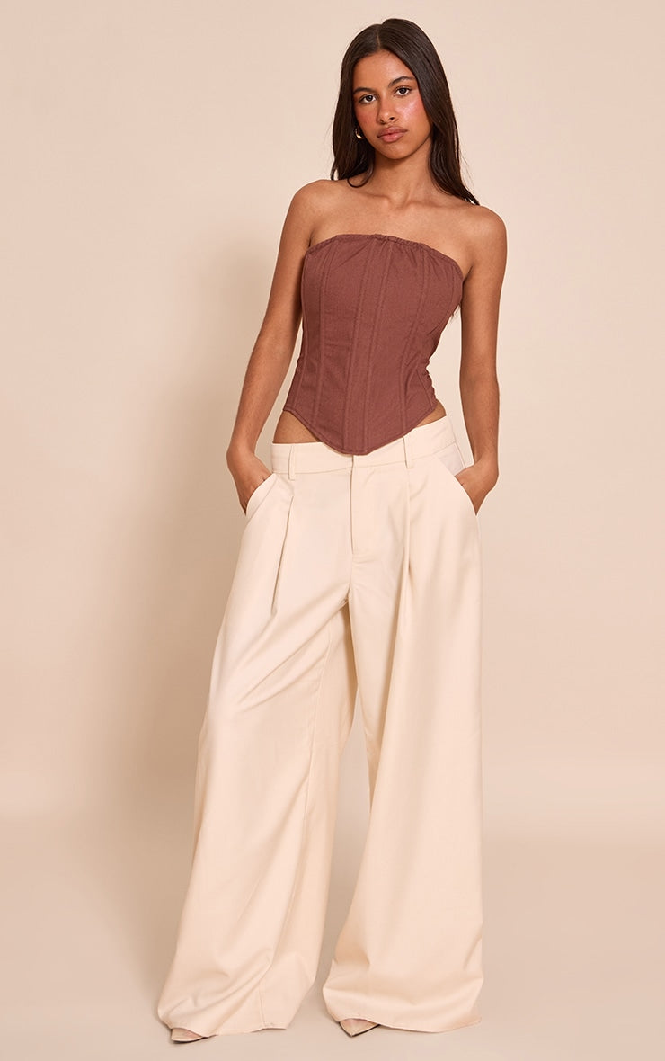 Petite Ecru Woven Double Pleat Wide Leg Trouser