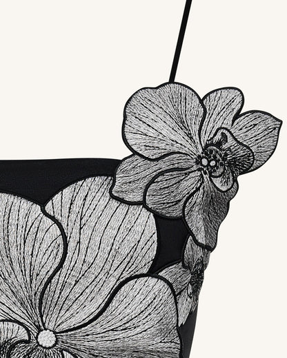 Orchid Appliqué Mini Dress - Black/Silver