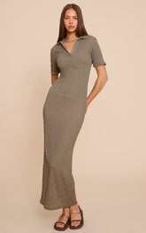Khaki Textured Cap Sleeve Collar Maxi Dress