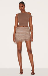 Taupe Boucle Knit Tassel Hem Mini Skirt