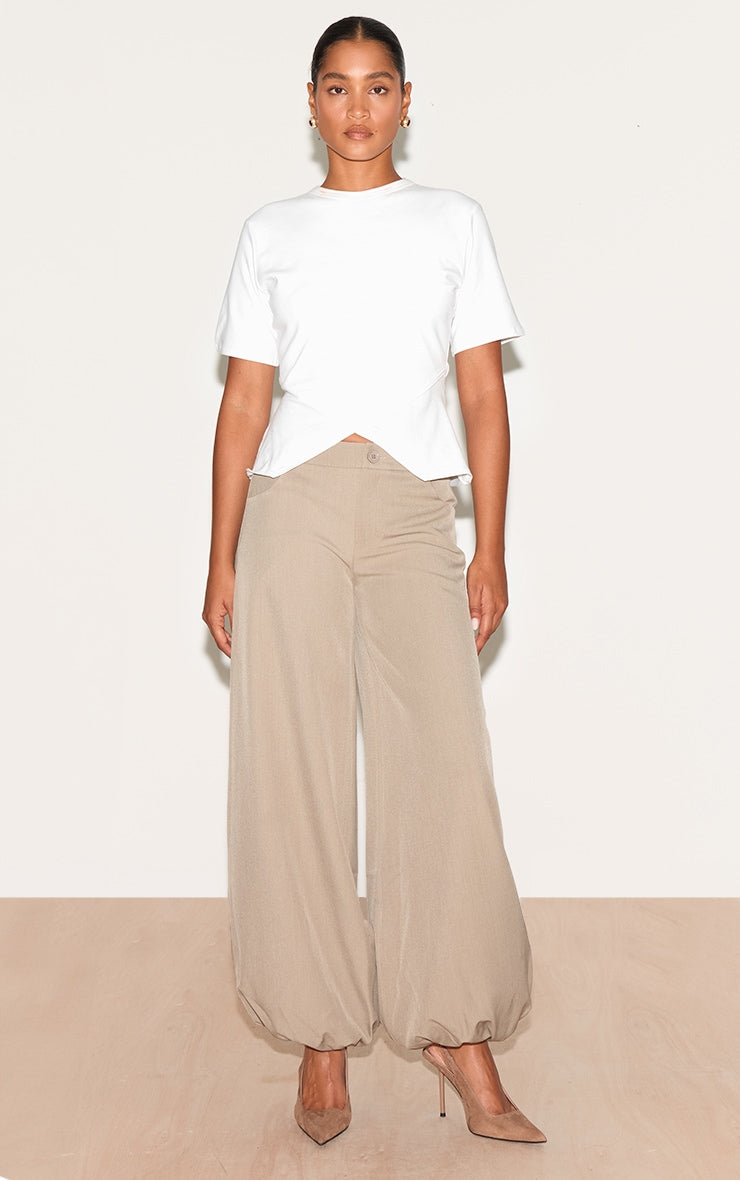 Taupe Woven Puffball Cuffed Trousers