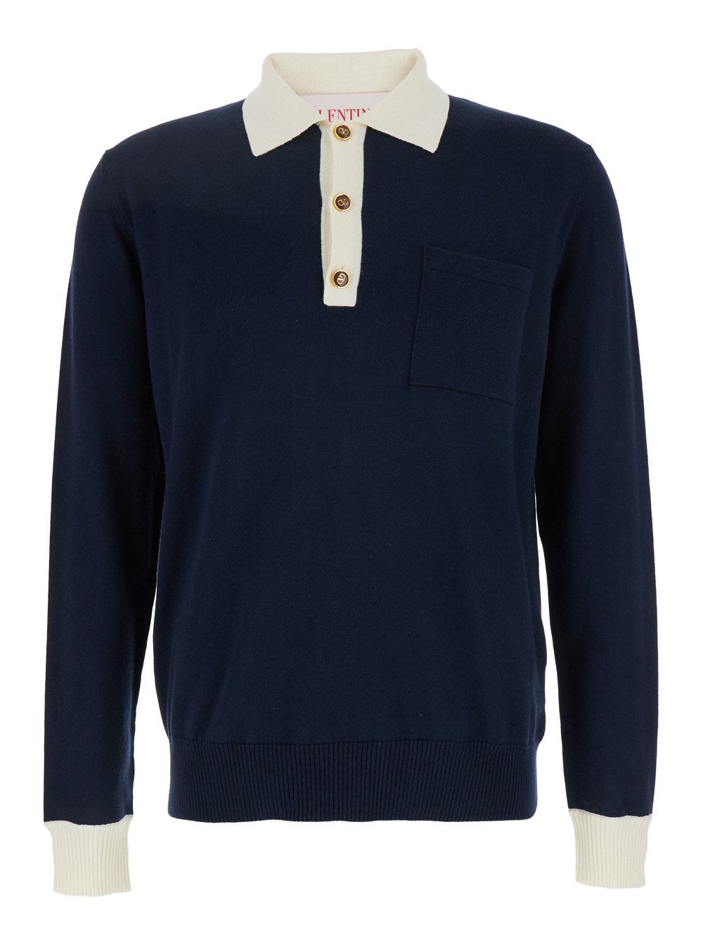 Valentino Blue Knitted Polo Shirt with Patch Pocket on the Chest in Cotton Man