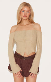 Cream Striped Bardot Peach Skin Flared Shirt