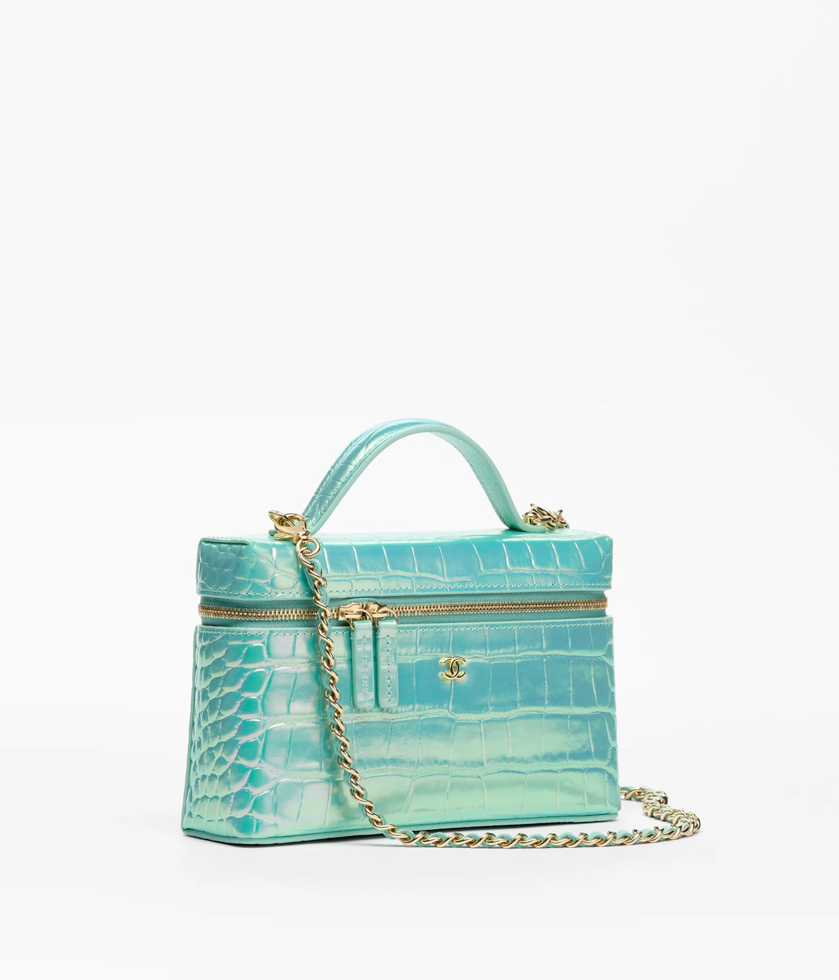 Vanity with Chain Crocodile Embossed Iridescent Calfskin & Gold-Tone Metal Turquoise
