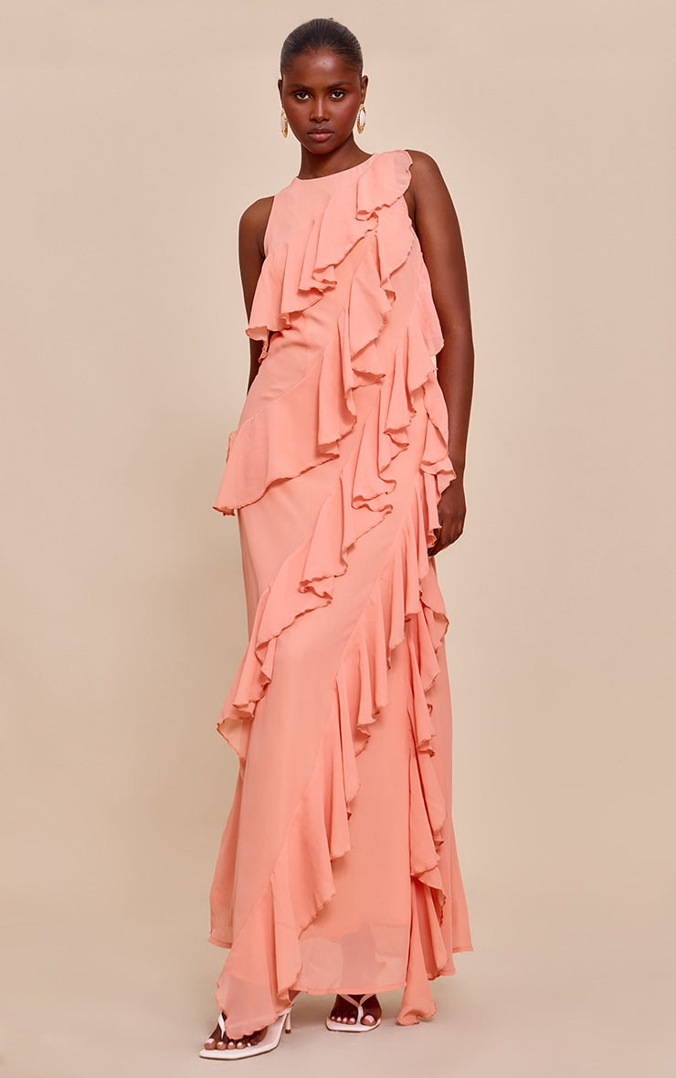 Peach Boat Neck Frill Detail Sleeveless Maxi Dress