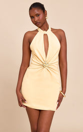 Pale Mustard Woven Ruched Cut Out Mini Dress