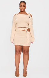Plus Cream Knitted Cut Out Buckle Detail Mini Skirt