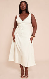 Plus Sage Green Tailored Woven Plunge Button Down Midi Dress