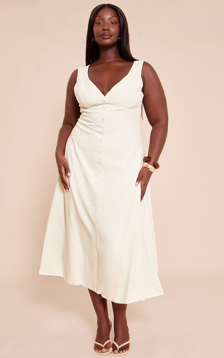 Plus Sage Green Tailored Woven Plunge Button Down Midi Dress