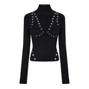 Women's Eyelet Knitted Top with Silver-tone Embellishments