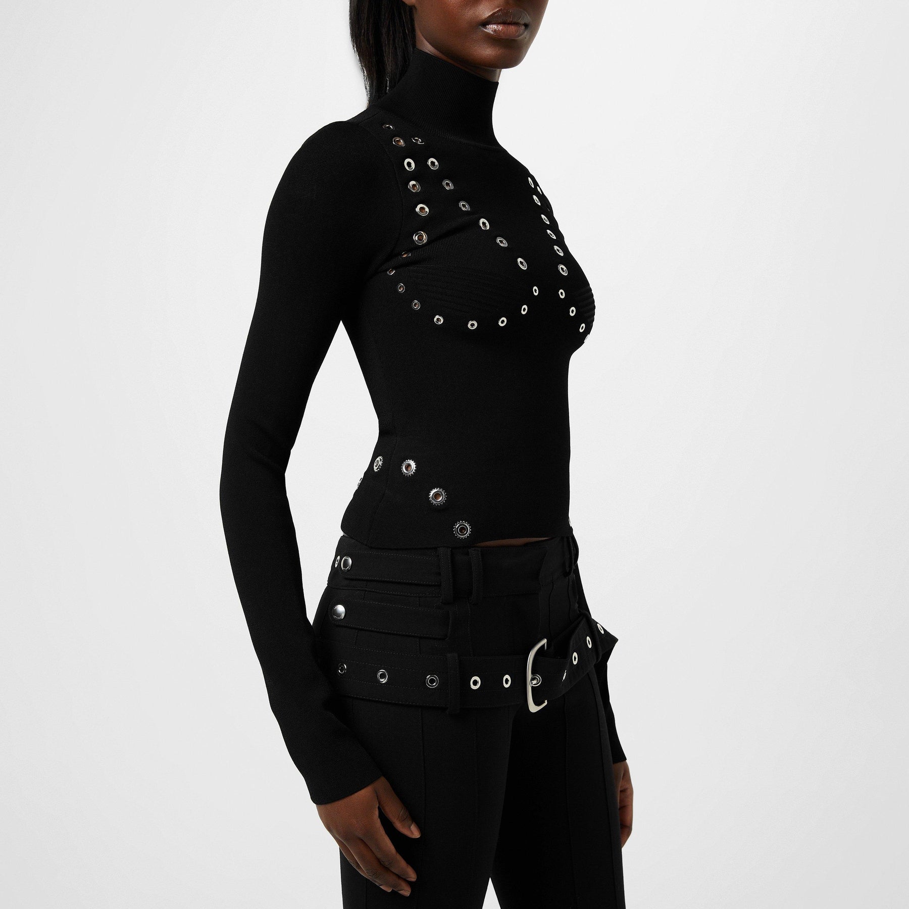 Women's Eyelet Knitted Top with Silver-tone Embellishments