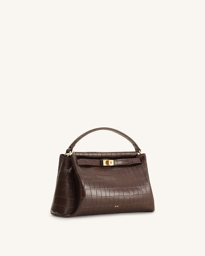Carmen Top Handle Bag - Dark Brown Croc