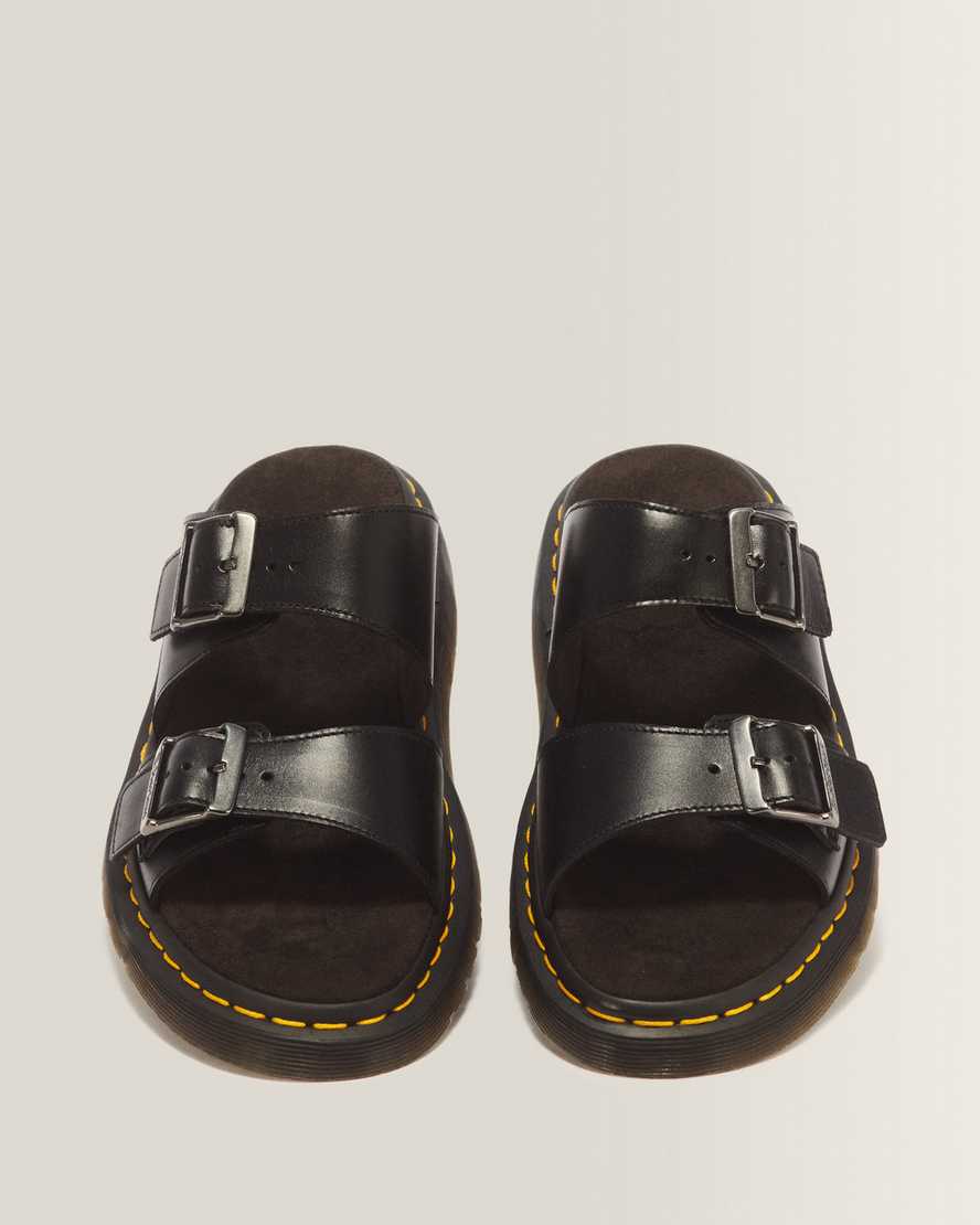 Josef Analine Leather Buckle Slide Sandals — Black