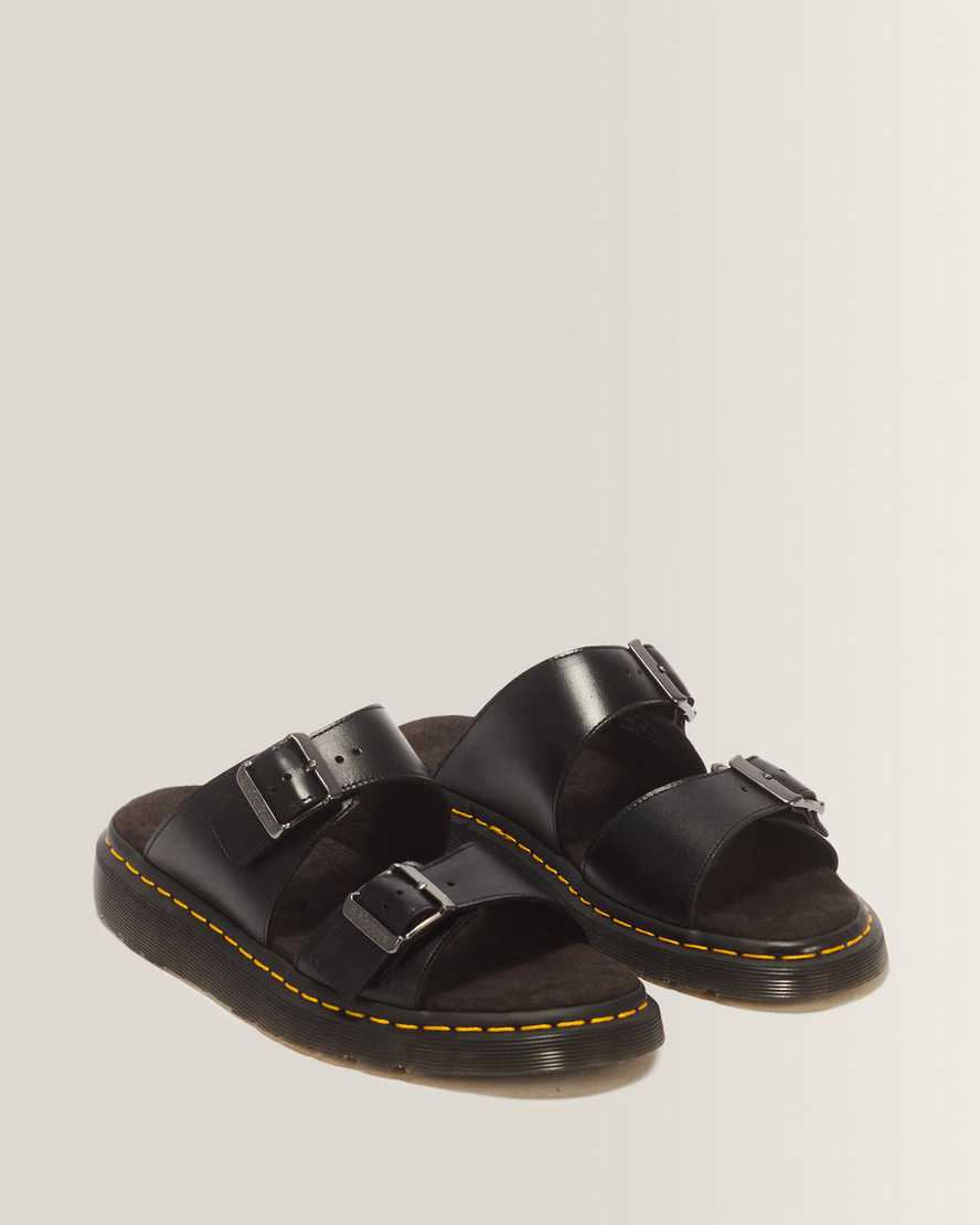 Josef Analine Leather Buckle Slide Sandals — Black