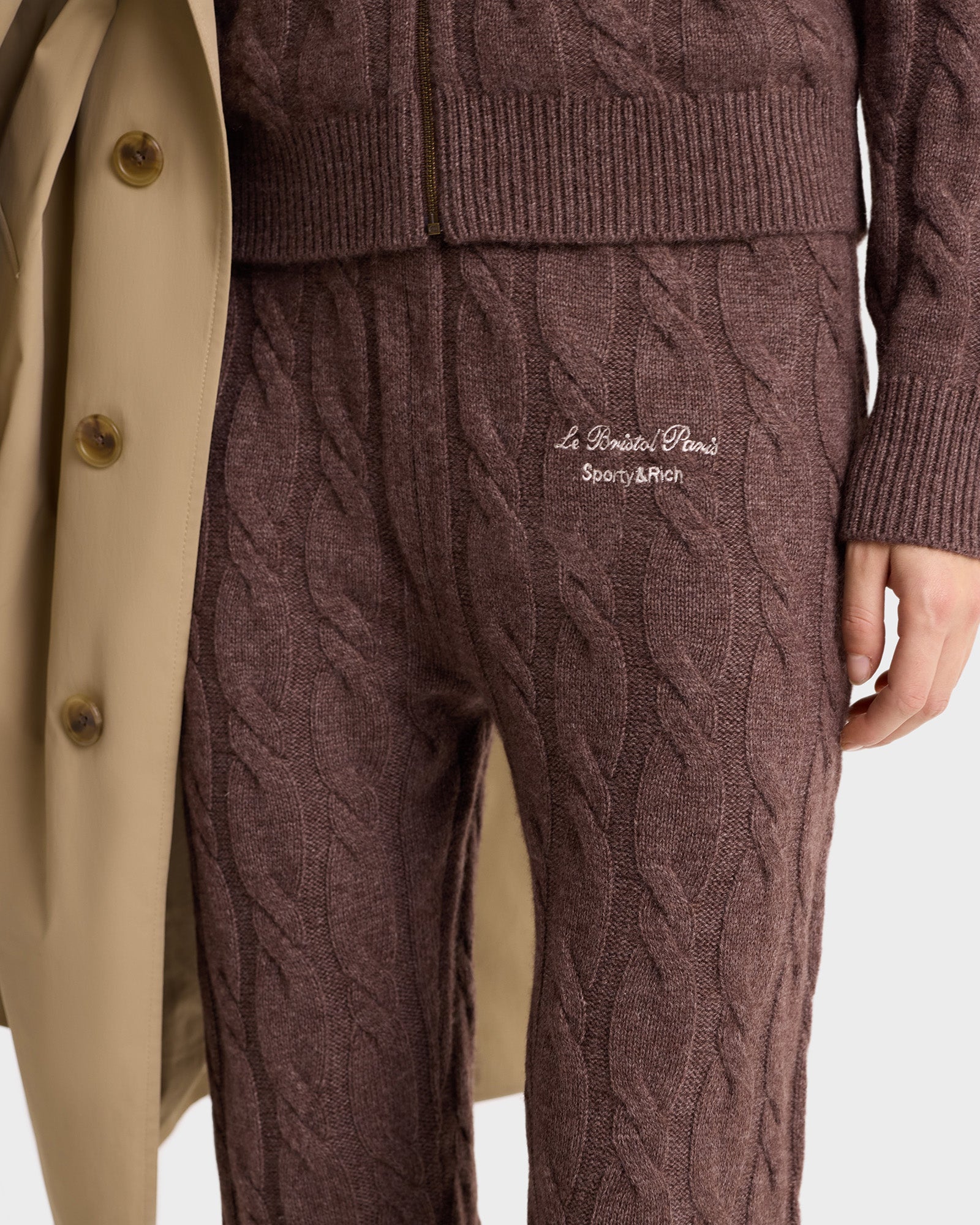 Faubourg Cableknit Wool Cashmere Pants - Chocolate/Cream