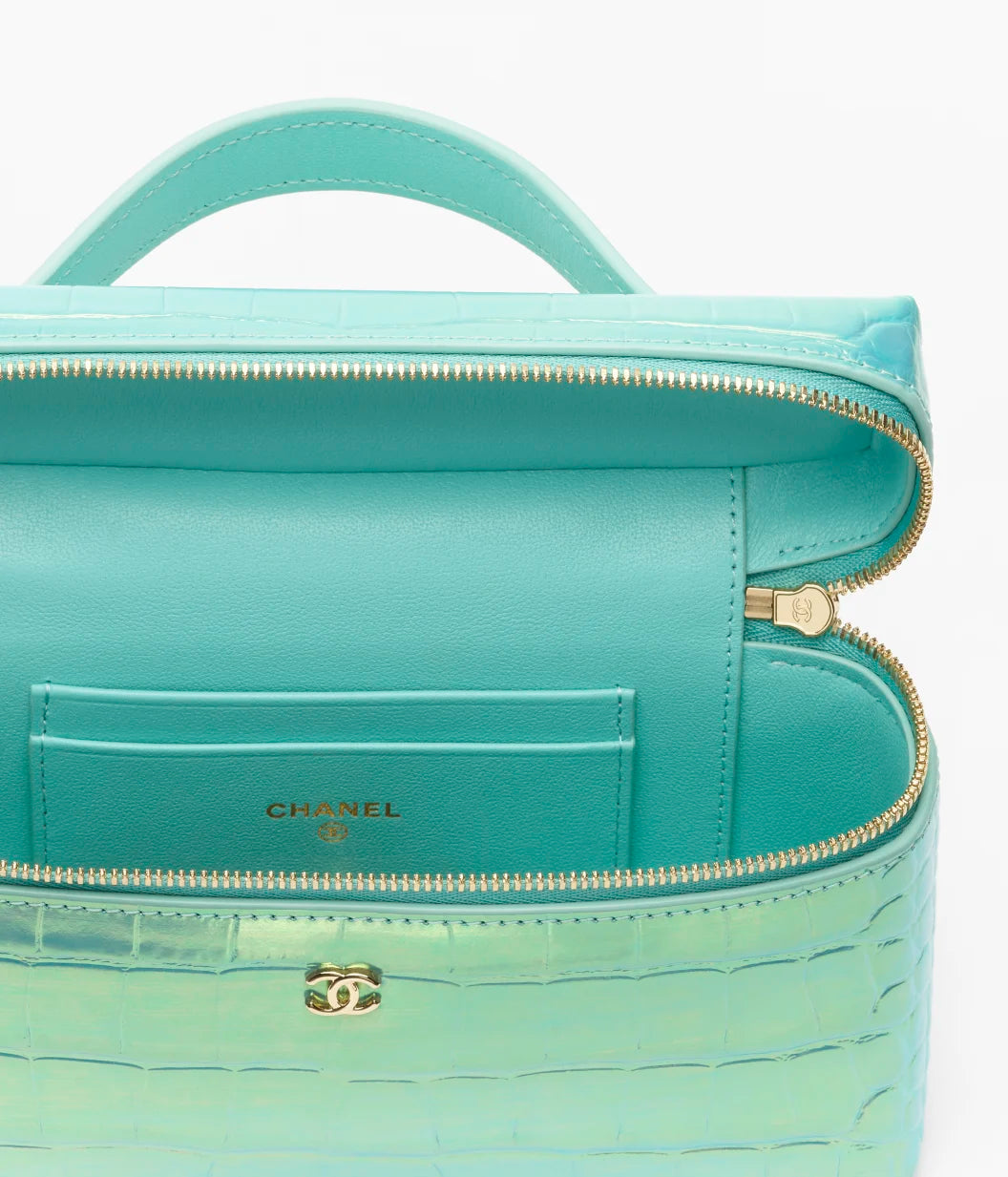 Vanity with Chain Crocodile Embossed Iridescent Calfskin & Gold-Tone Metal Turquoise
