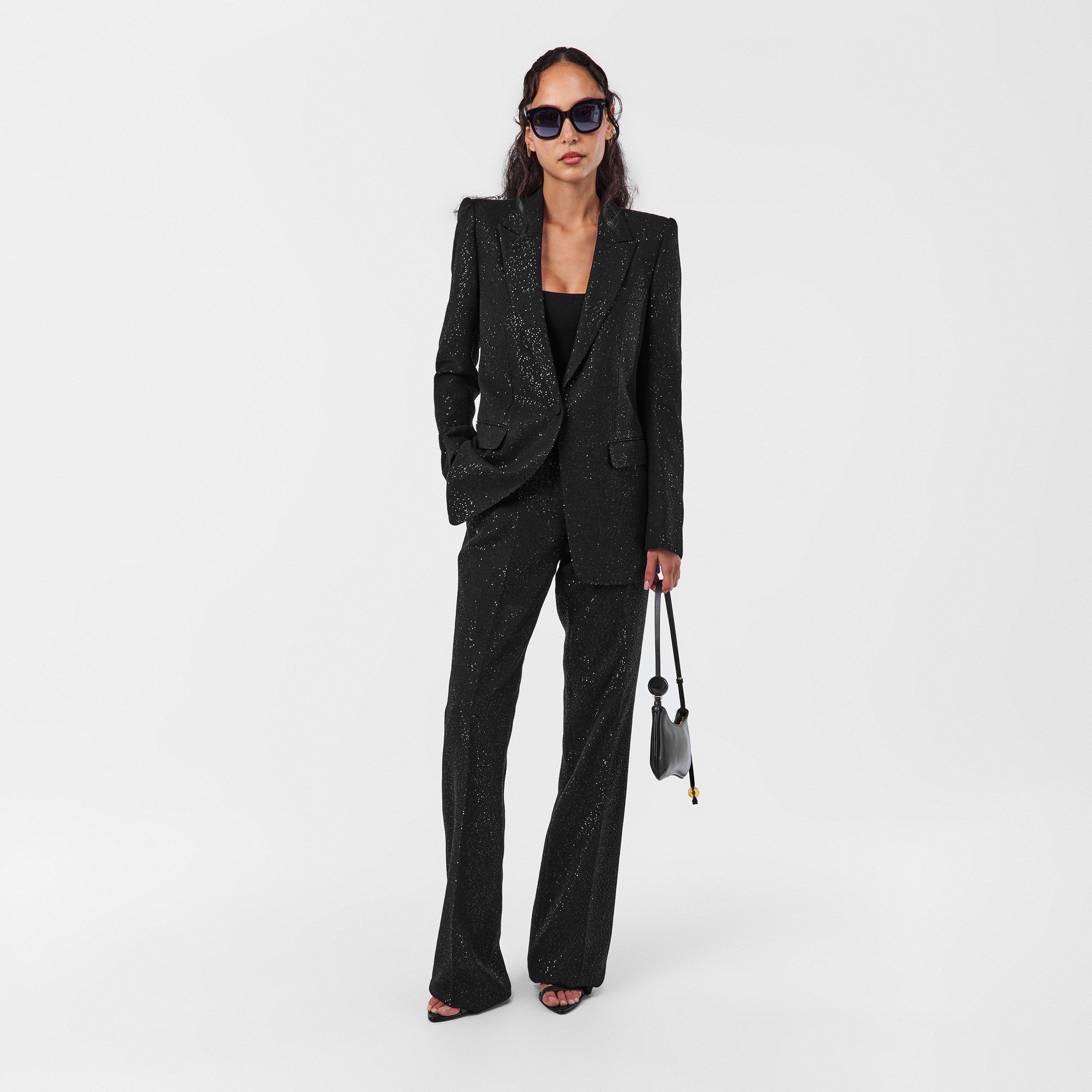 Sequined Wool Blend Crepe Tailored Trouser