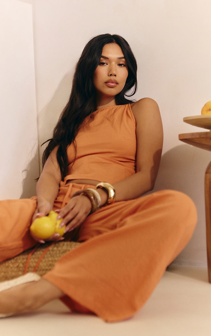 Burnt Orange Textured Drawstring Straight Leg Trousers