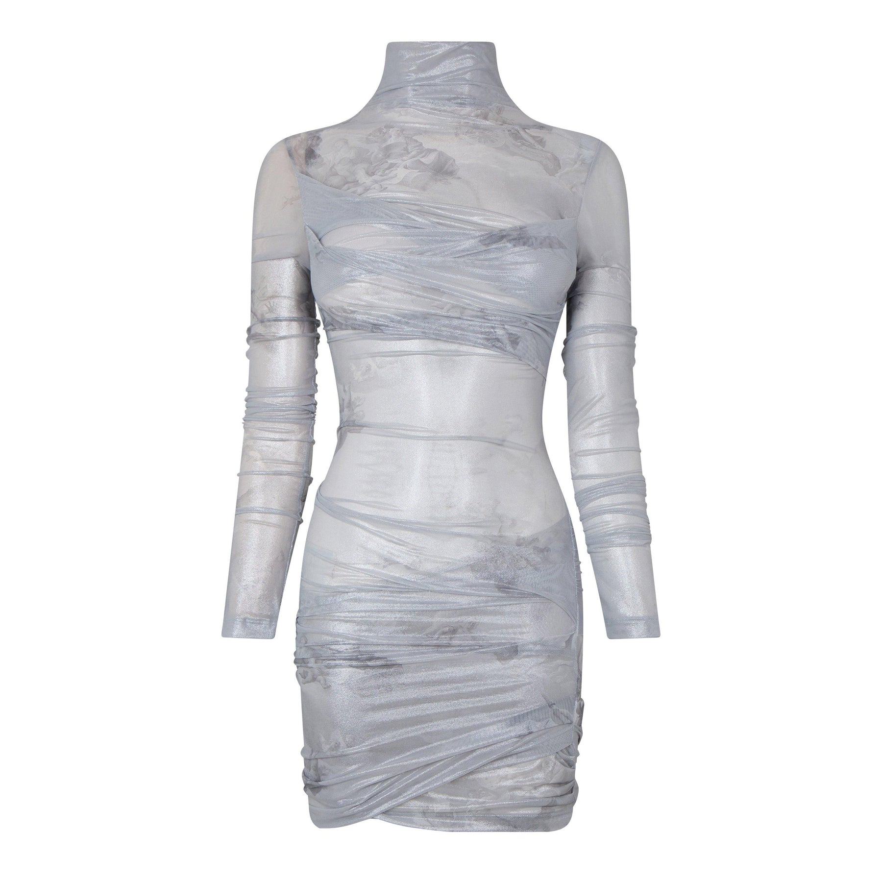 Sky Shiny Tulle Twist Long Sleeve Dress