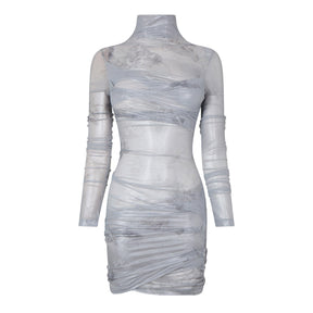Sky Shiny Tulle Twist Long Sleeve Dress