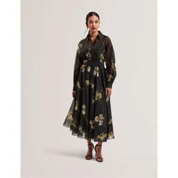 Liorral Printed Organza Belted Maxi Shirt Dress