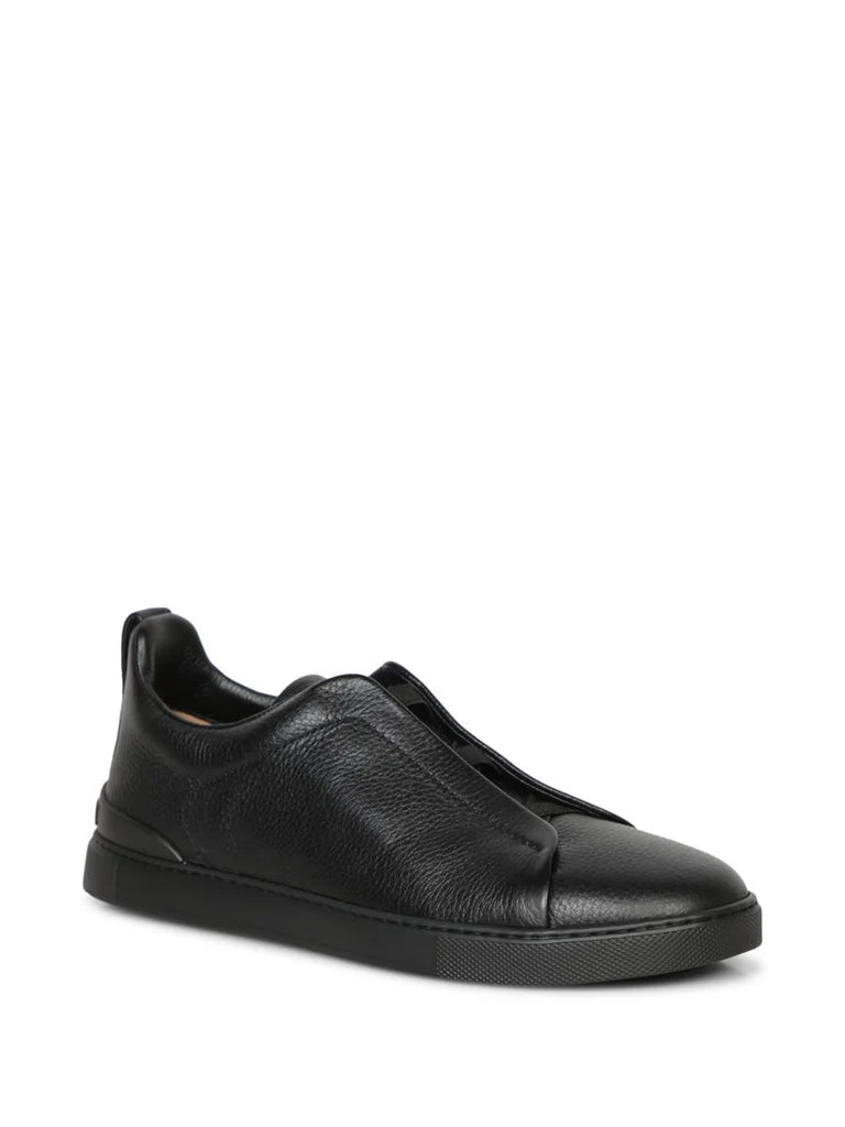 Zegna Men's Triple Stitch Black Leather Slip-On Sneakers – Contemporary Comfort