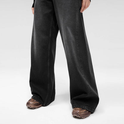 High Waisted Stone Washed Cotton Wide Leg Jeans