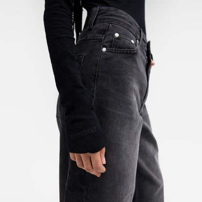 High Waisted Stone Washed Cotton Wide Leg Jeans