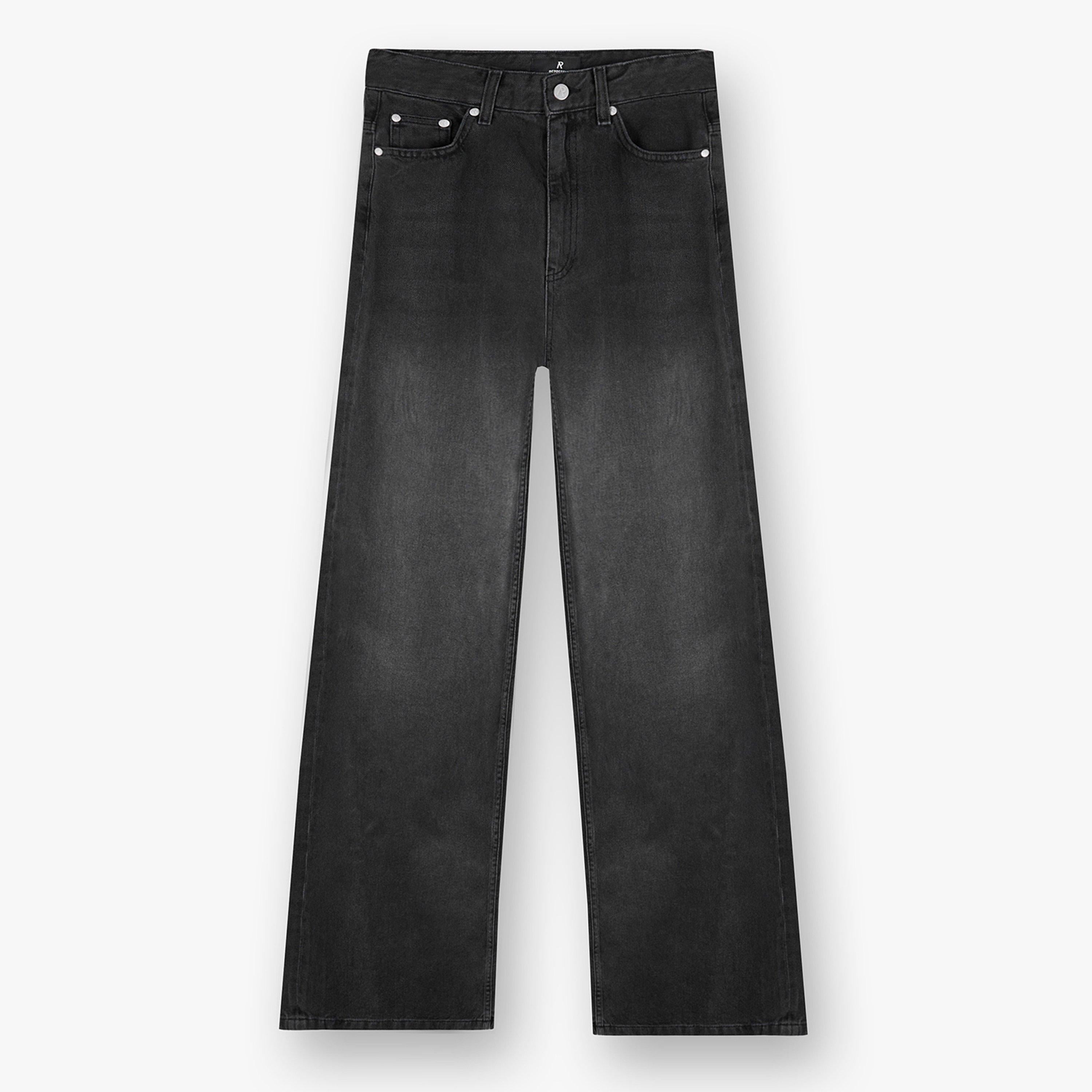 High Waisted Stone Washed Cotton Wide Leg Jeans