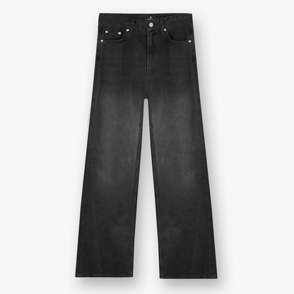 High Waisted Stone Washed Cotton Wide Leg Jeans